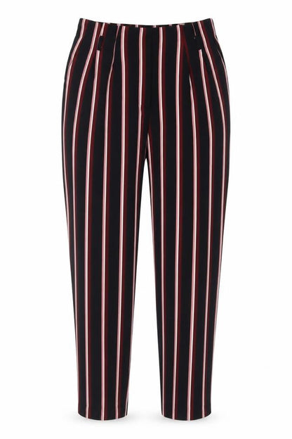 Front view of Miss Selfridge women’s black striped polyester trousers, size UK 8, 24-inch leg regular