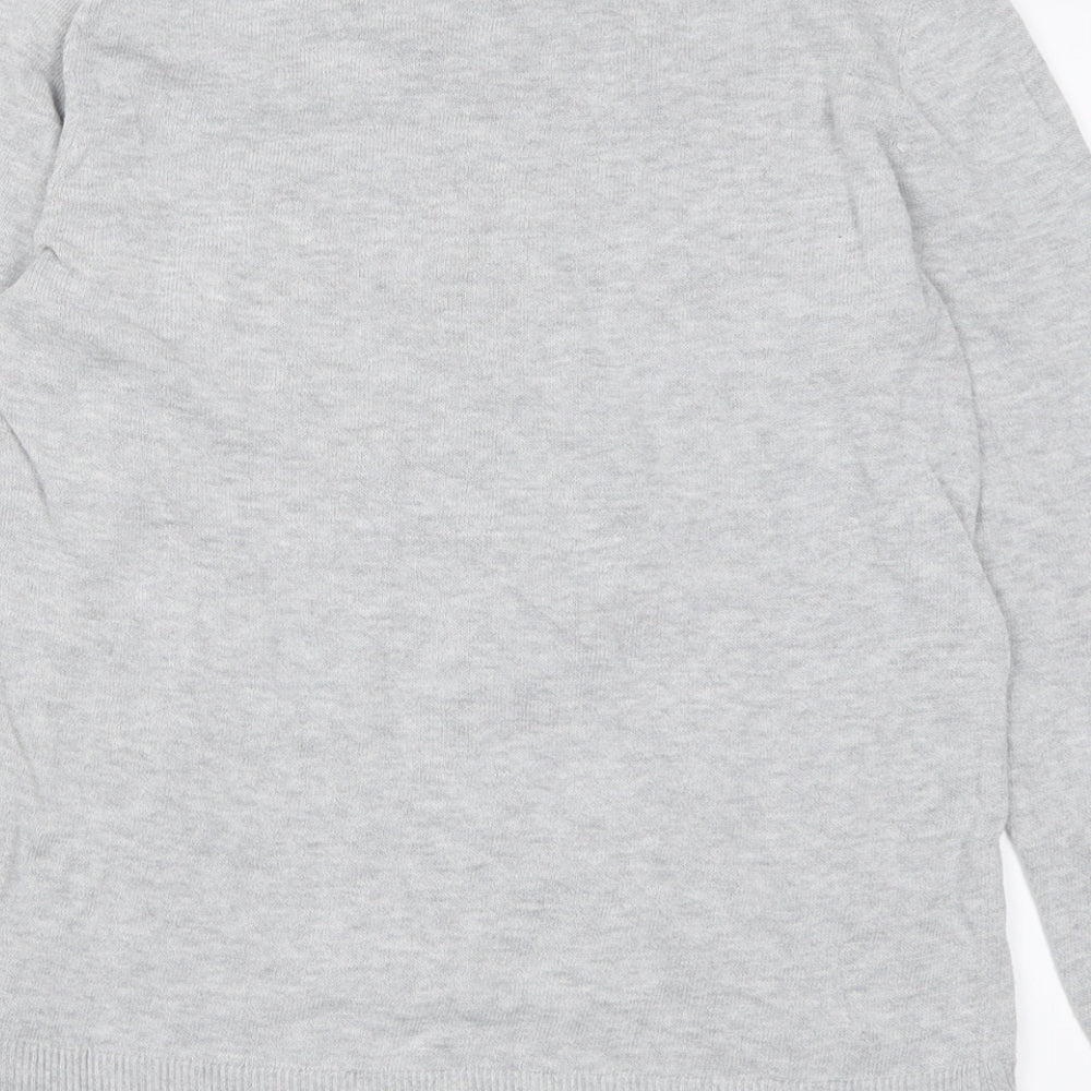 Brand and care label for Time and Tru women’s grey crew neck polyester jumper, size UK 6
