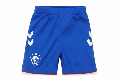 Front view of Hummel boys’ blue polyester cropped trousers, size 12-18, months tie