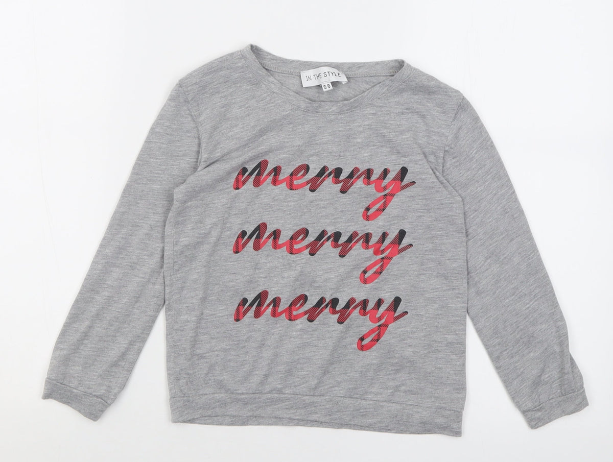 Additional front view of In the Style girls’ grey polyester basic casual, size 5-6, years crew neck pullover - christmas