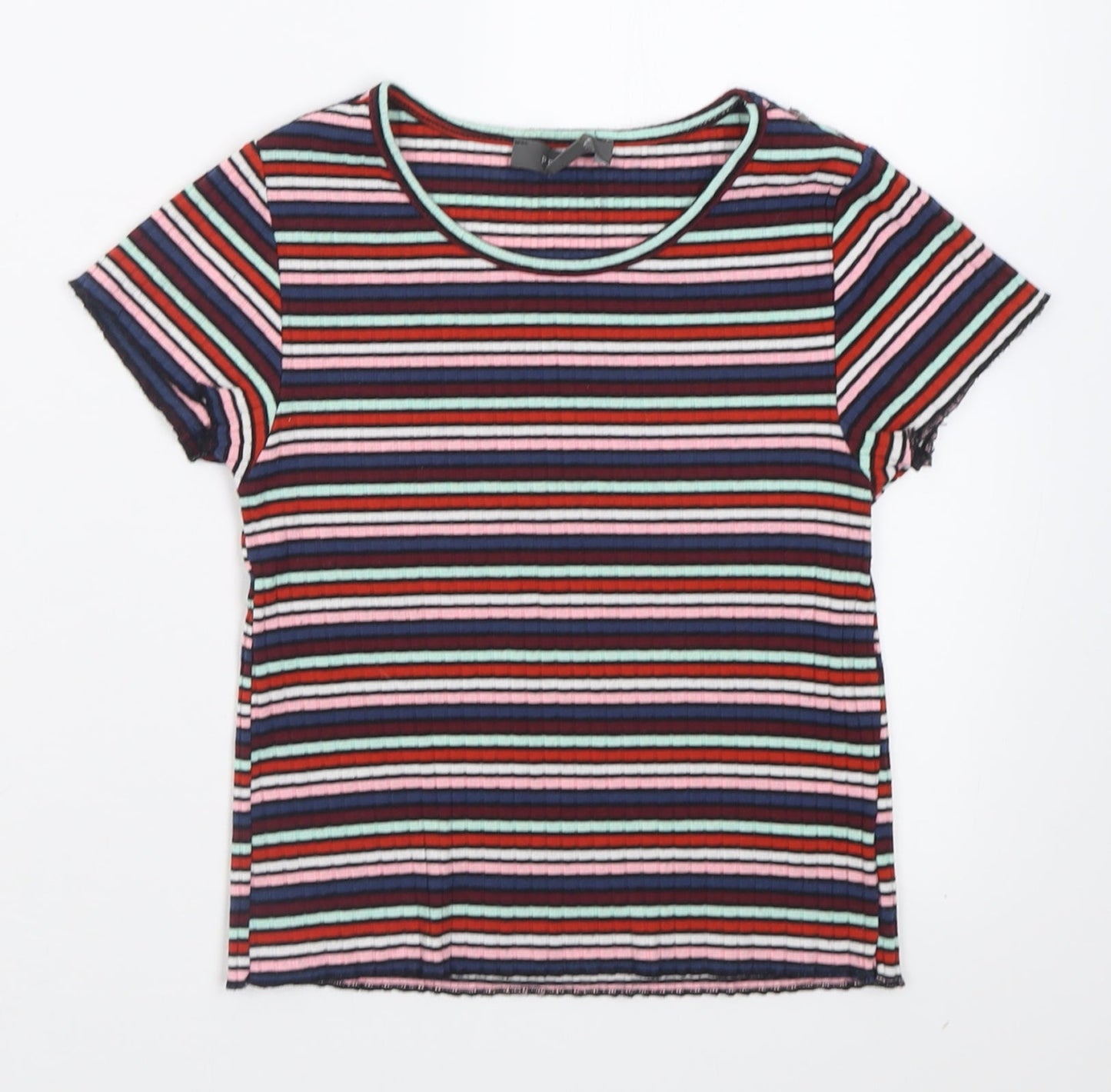 Primark Womens Multicoloured Striped Polyester Cropped T-Shirt Size 6 Crew Neck