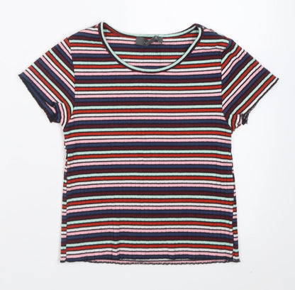 Primark Womens Multicoloured Striped Polyester Cropped T-Shirt Size 6 Crew Neck