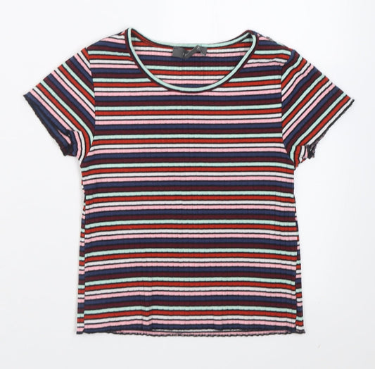 Primark Womens Multicoloured Striped Polyester Cropped T-Shirt Size 6 Crew Neck
