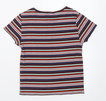 Primark Womens Multicoloured Striped Polyester Cropped T-Shirt Size 6 Crew Neck