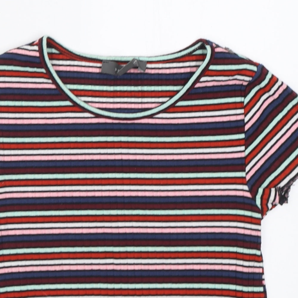 Primark Womens Multicoloured Striped Polyester Cropped T-Shirt Size 6 Crew Neck