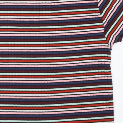 Primark Womens Multicoloured Striped Polyester Cropped T-Shirt Size 6 Crew Neck