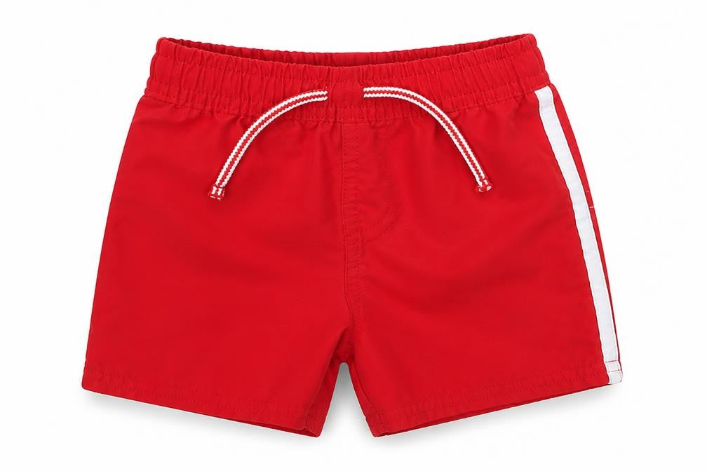 Front view of Primark boys’ red polyester cropped trousers, size 9-12, months tie