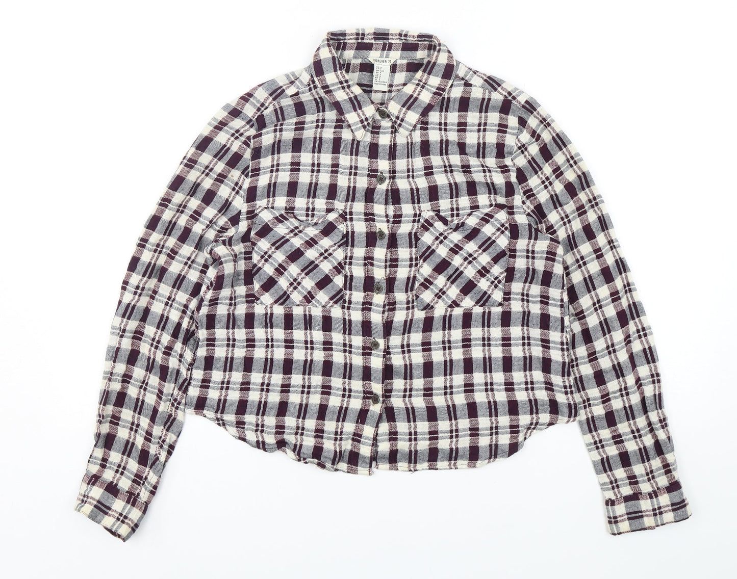 FOREVER 21 Womens Multicoloured Plaid Cotton Cropped Button-Up Size S Collared