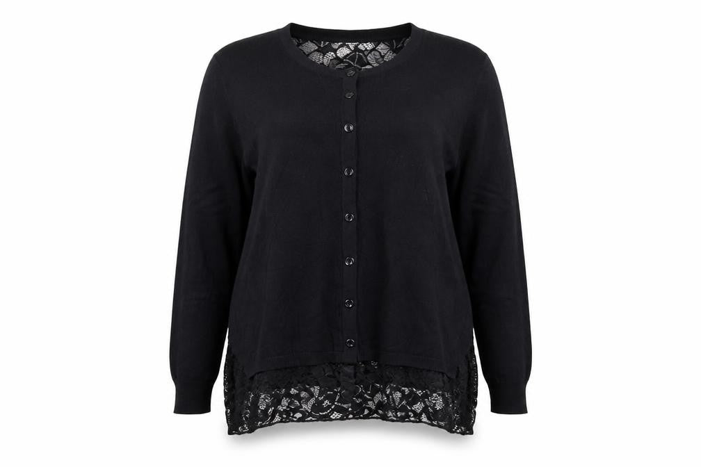 Front view of Michele Hope women’s black round neck acrylic cardigan jumper, size UK 18