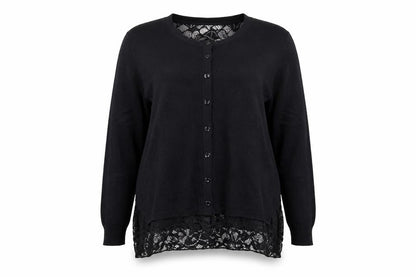Front view of Michele Hope women’s black round neck acrylic cardigan jumper, size UK 18