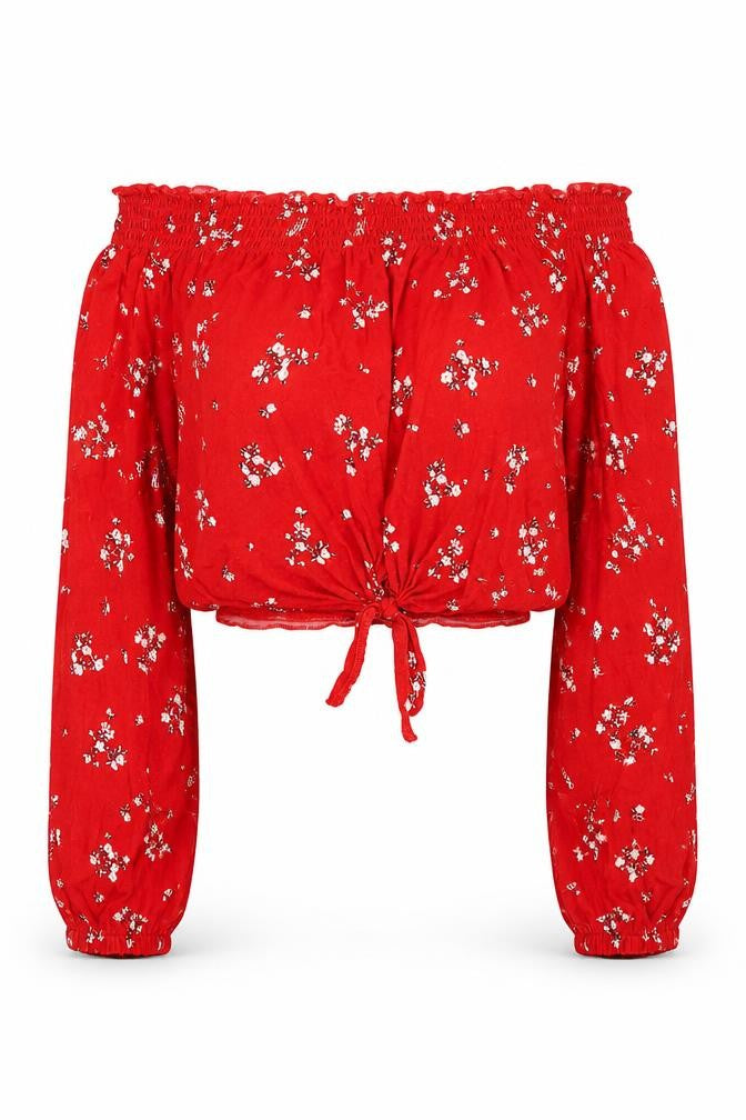 Front view of H&M women’s red floral viscose cropped t-shirt, size UK 8, off the shoulder