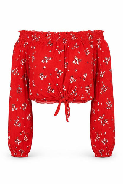 Front view of H&M women’s red floral viscose cropped t-shirt, size UK 8, off the shoulder