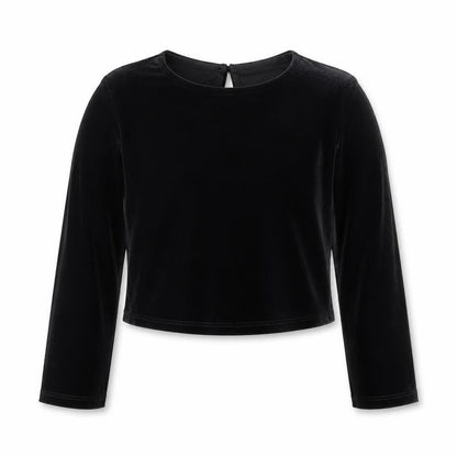 Front view of Dunnes girls’ black polyester basic t-shirt, size 5, years round neck button
