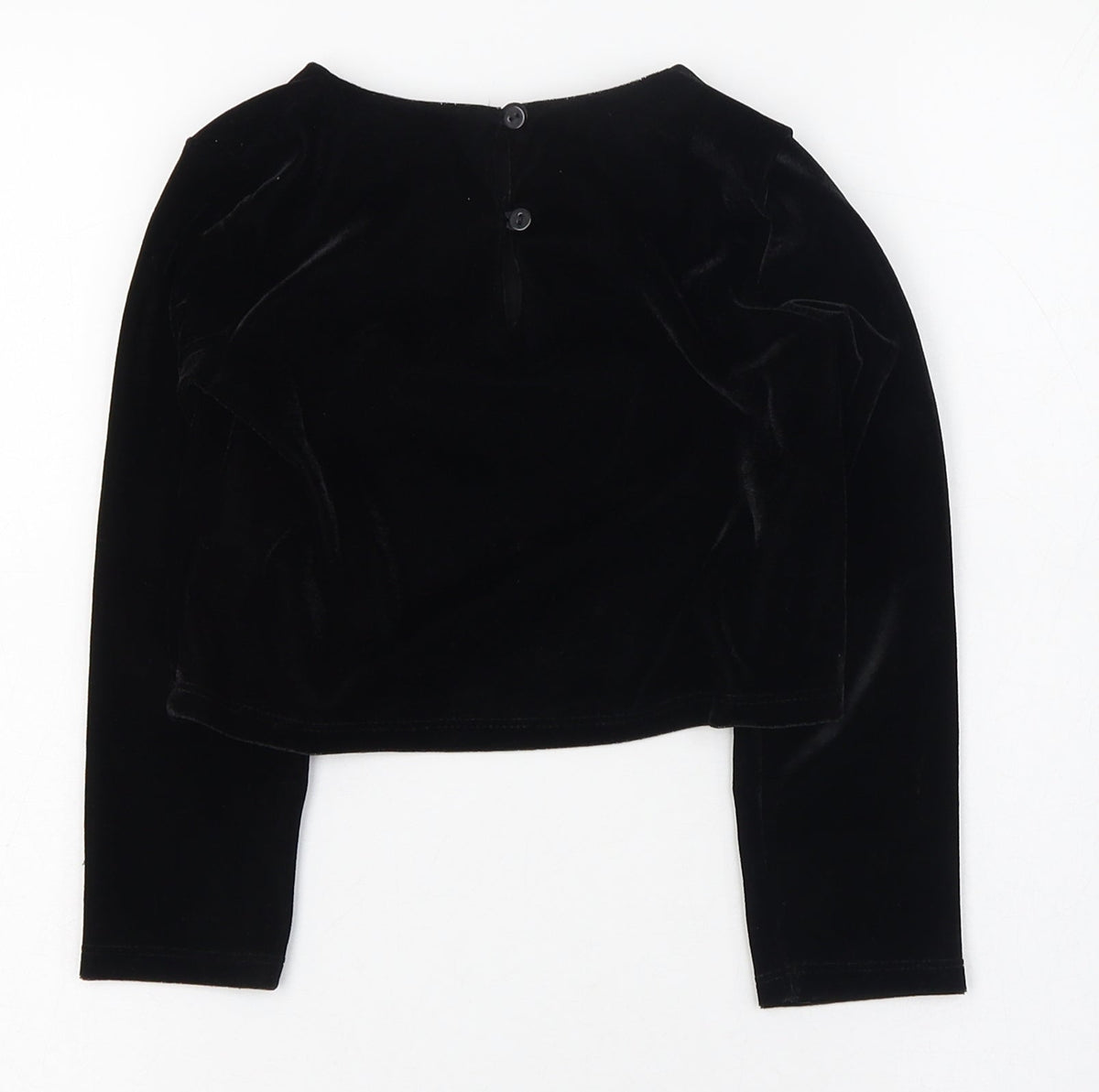 Back view of Dunnes girls’ black polyester basic t-shirt, size 5, years round neck button
