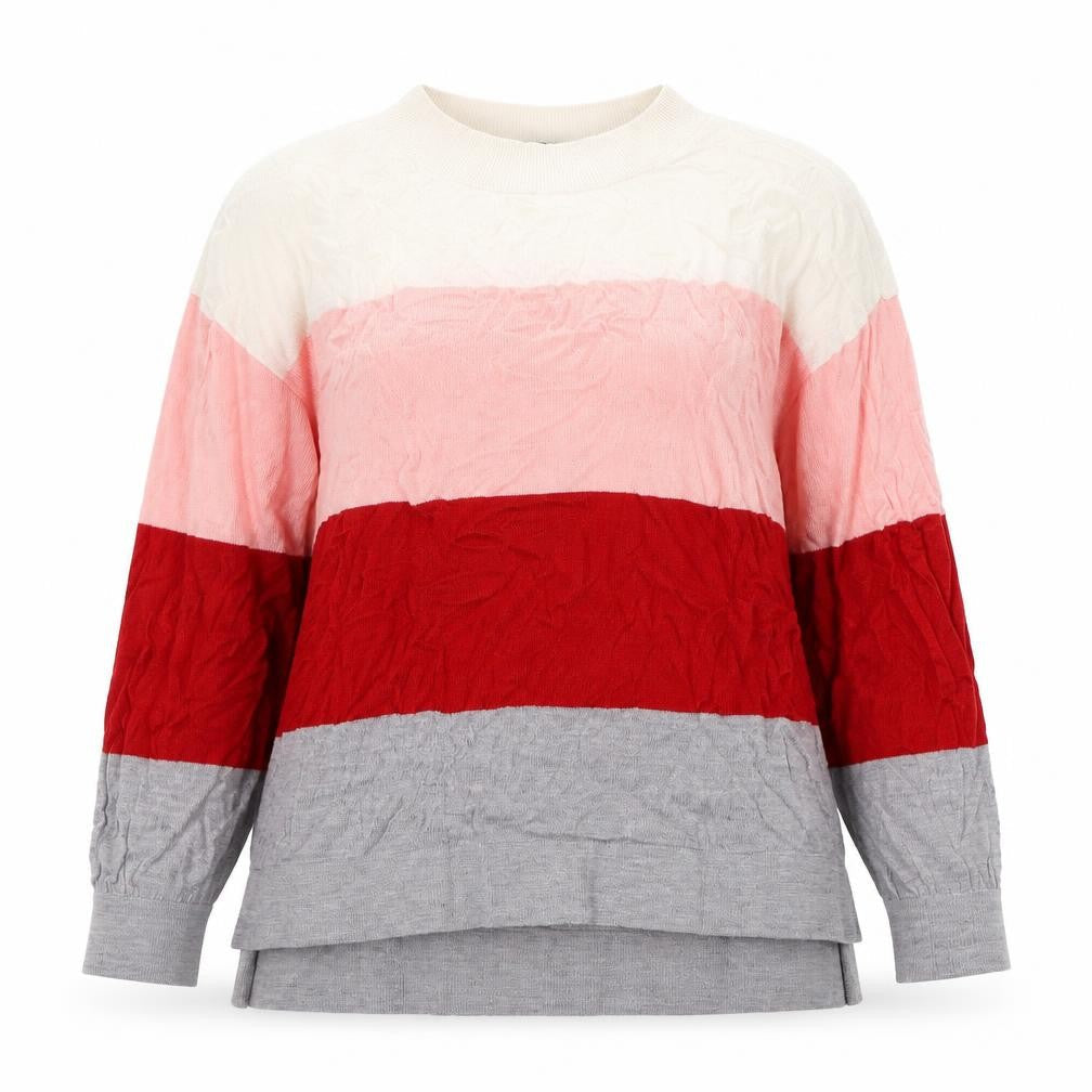 Front view of Dorothy Perkins women’s multicoloured round neck striped acrylic jumper, size UK 14