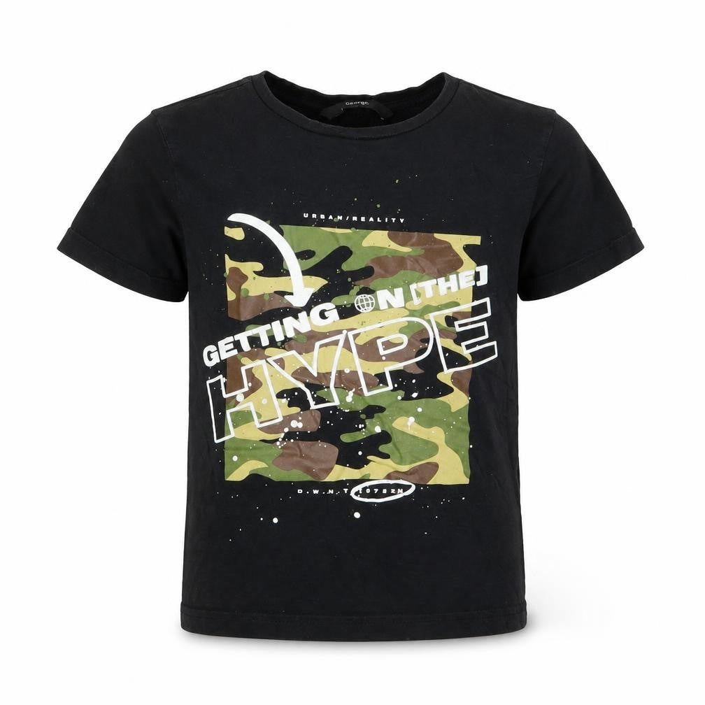 Front view of George boys’ black cotton basic t-shirt, size 4-5, years crew neck - hype