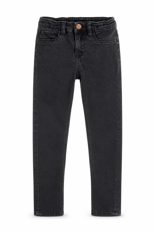 Front view of &Denim girls’ black cotton skinny jeans, size 5-6, years regular snap