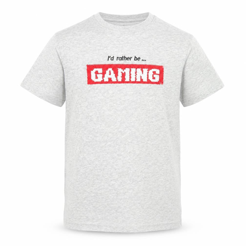 Front view of Next boys’ grey cotton basic t-shirt, size 8, years crew neck - gaming reversible sequins