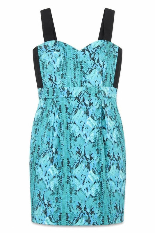 Front view of Drama Queen women’s blue animal print cotton pencil dress, size UK 12, sweetheart zip