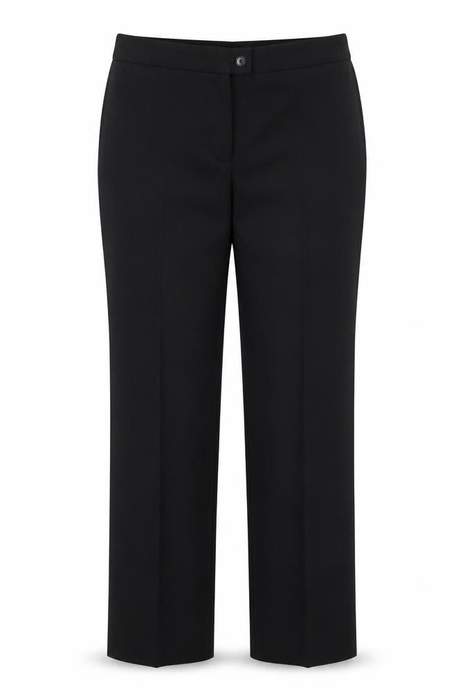 Front view of Russums women’s black polyester dress pants trousers, size UK 12, 29-inch leg regular hook & eye