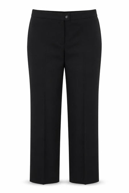 Front view of Russums women’s black polyester dress pants trousers, size UK 12, 29-inch leg regular hook & eye
