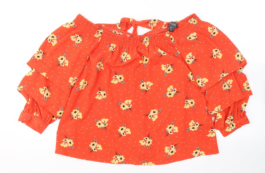 Primark Womens Red Geometric Polyester Basic Blouse Size 6 Off the Shoulder