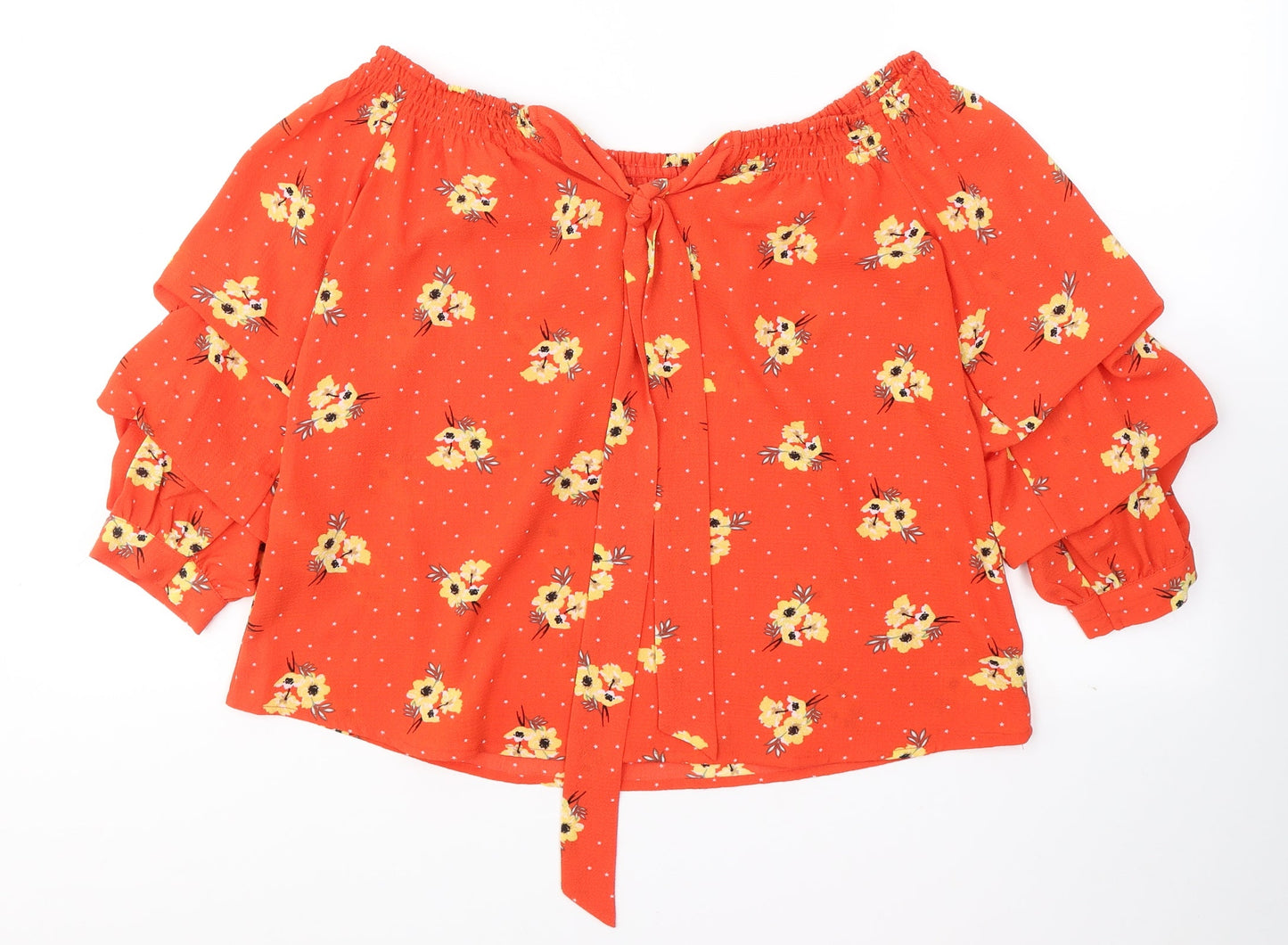 Primark Womens Red Geometric Polyester Basic Blouse Size 6 Off the Shoulder