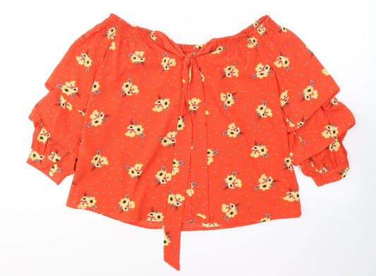 Primark Womens Red Geometric Polyester Basic Blouse Size 6 Off the Shoulder