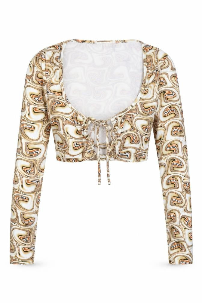 Front view of SHEIN women’s beige paisley polyester cropped blouse, size S, v-neck
