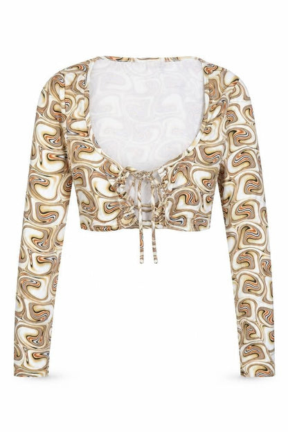 Front view of SHEIN women’s beige paisley polyester cropped blouse, size S, v-neck