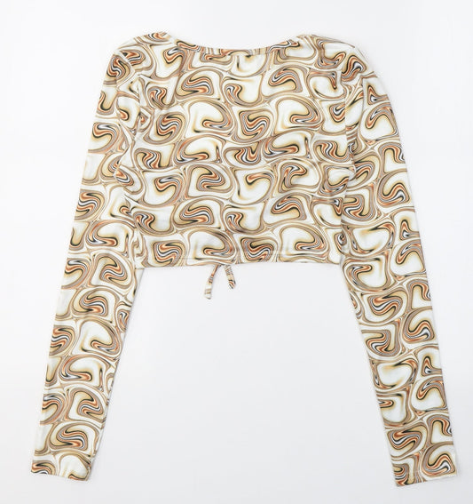 SheIn Womens Beige Paisley Polyester Cropped Blouse Size S V-Neck