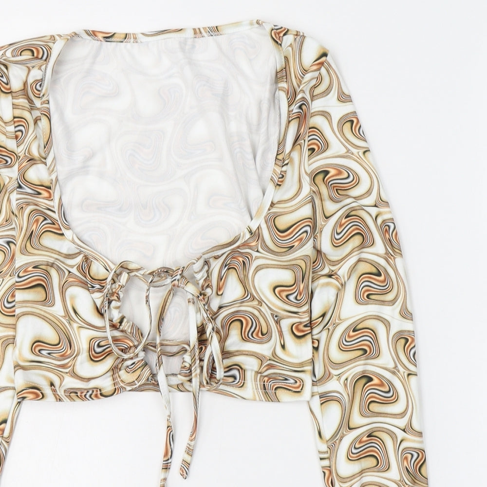 SheIn Womens Beige Paisley Polyester Cropped Blouse Size S V-Neck