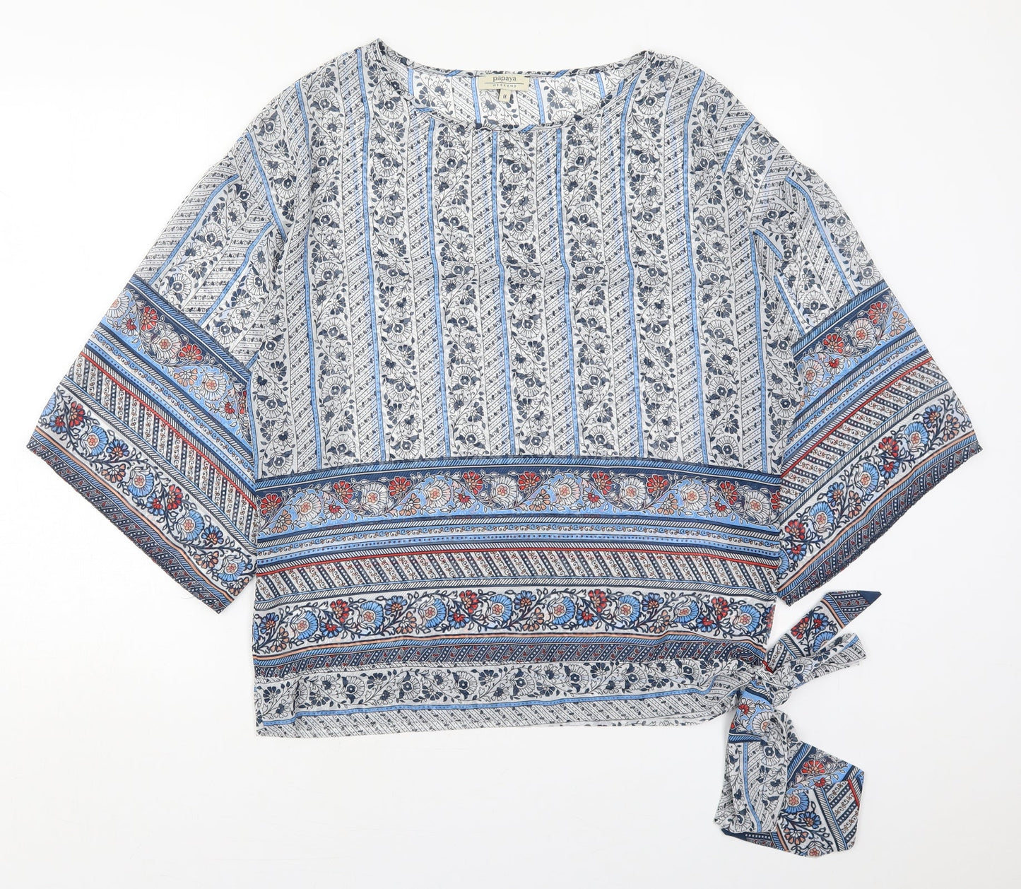 Papaya Womens Blue Floral Polyester Basic Blouse Size M Round Neck