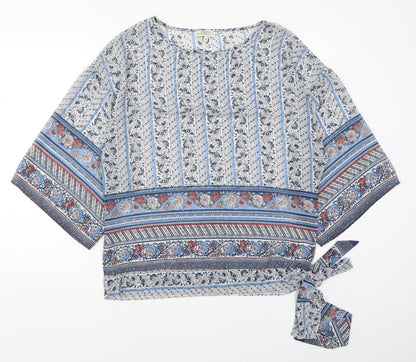 Papaya Womens Blue Floral Polyester Basic Blouse Size M Round Neck