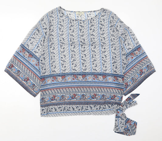 Papaya Womens Blue Floral Polyester Basic Blouse Size M Round Neck