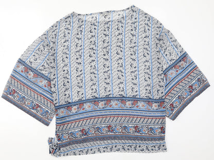 Papaya Womens Blue Floral Polyester Basic Blouse Size M Round Neck