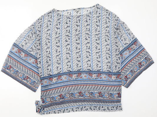 Papaya Womens Blue Floral Polyester Basic Blouse Size M Round Neck