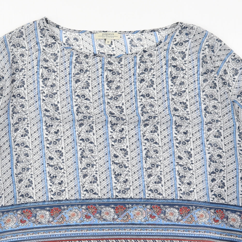 Papaya Womens Blue Floral Polyester Basic Blouse Size M Round Neck
