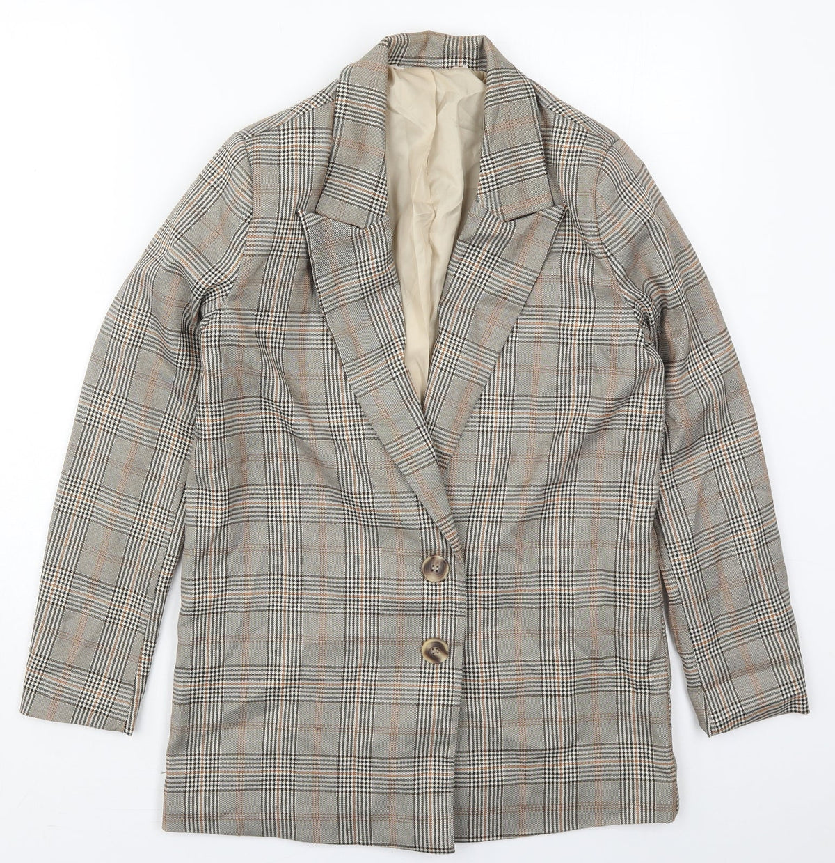 Additional front view of Urban Threads women’s beige check polyester jacket suit jacket, size UK 6