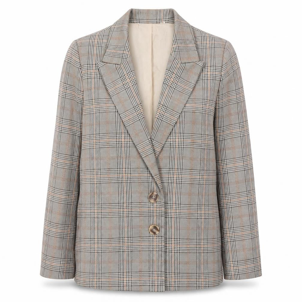 Front view of Urban Threads women’s beige check polyester jacket suit jacket, size UK 6