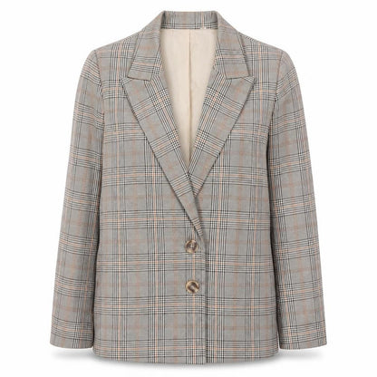 Front view of Urban Threads women’s beige check polyester jacket suit jacket, size UK 6