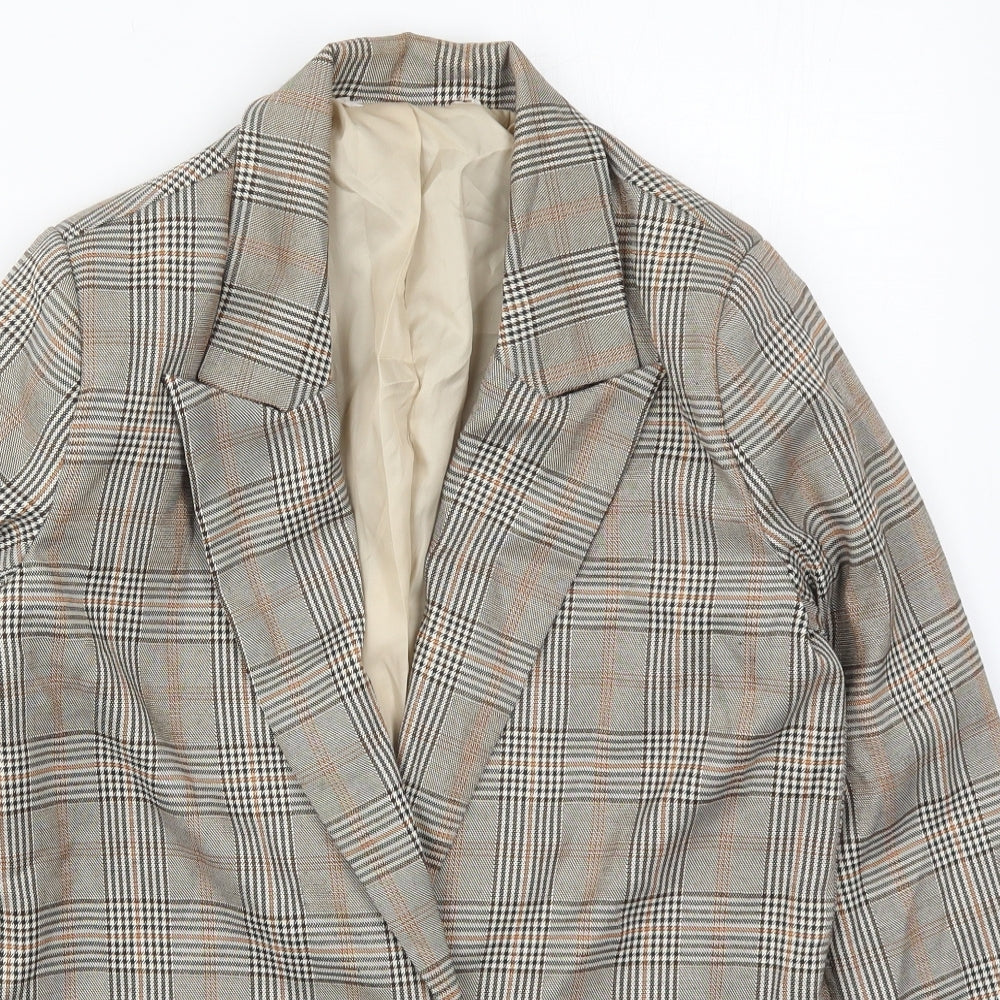 Close-up detail of Urban Threads women’s beige check polyester jacket suit jacket, size UK 6