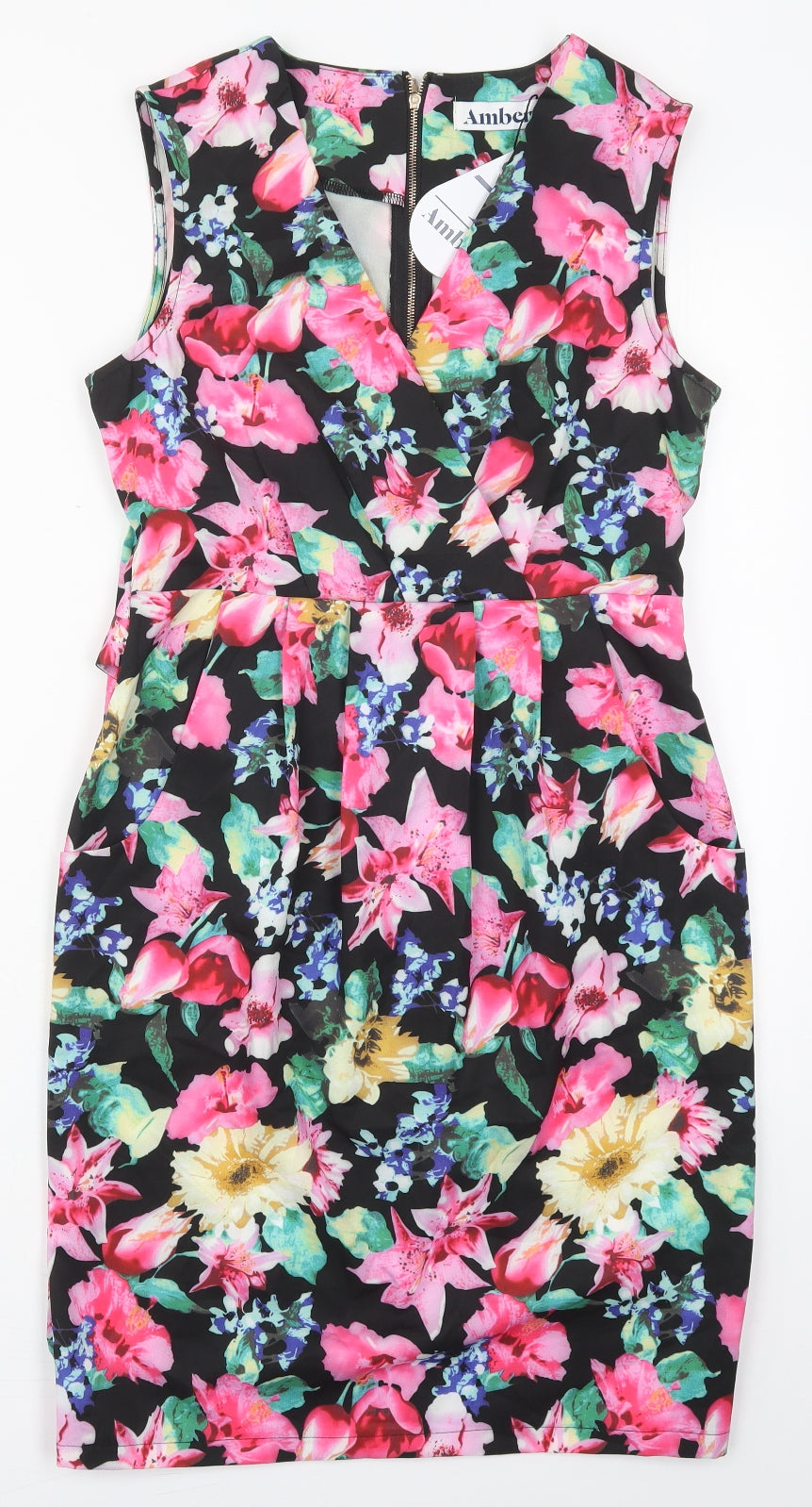 Amber Womens Pink Floral Polyester Pencil Dress  Size XS  V-Neck Zip