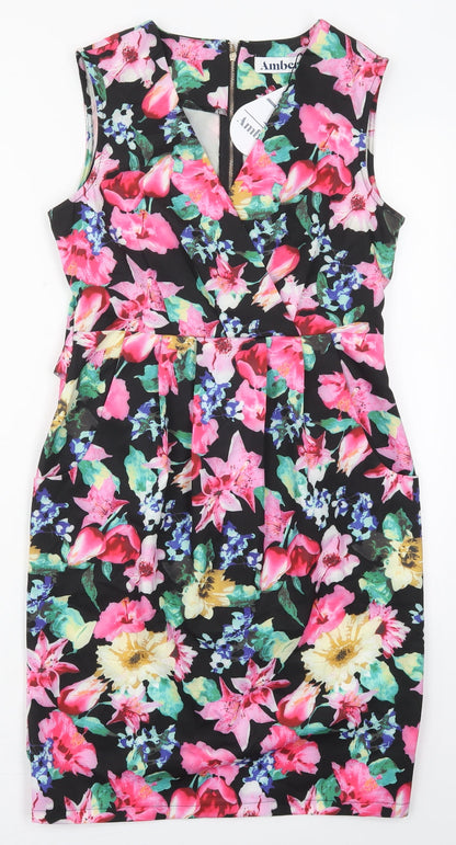 Amber Womens Pink Floral Polyester Pencil Dress  Size XS  V-Neck Zip