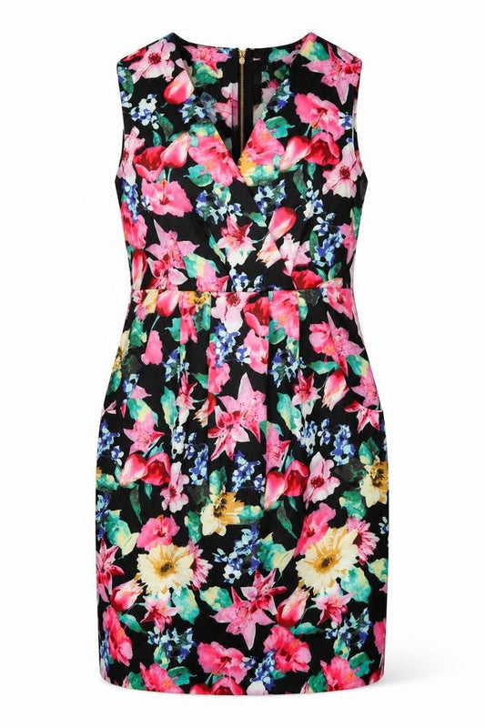 Amber Womens Pink Floral Polyester Pencil Dress  Size XS  V-Neck Zip