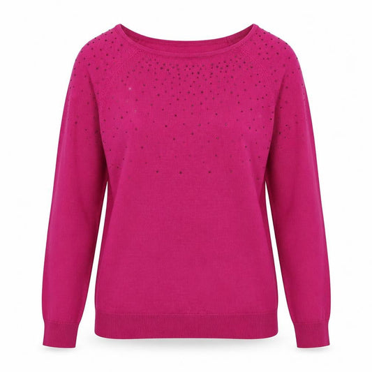 Front view of Soon women’s pink round neck viscose jumper, size UK 12