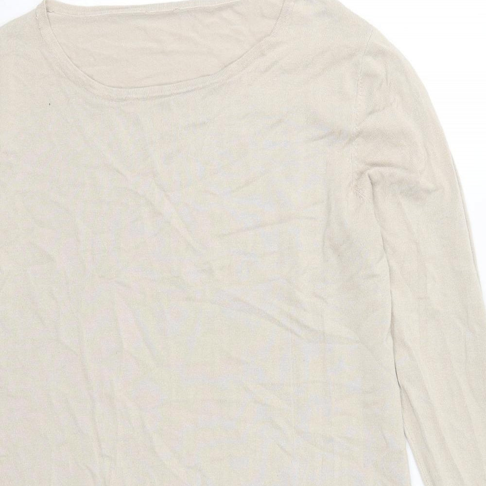 Close-up detail of Avon women’s beige round neck viscose jumper, size UK 16
