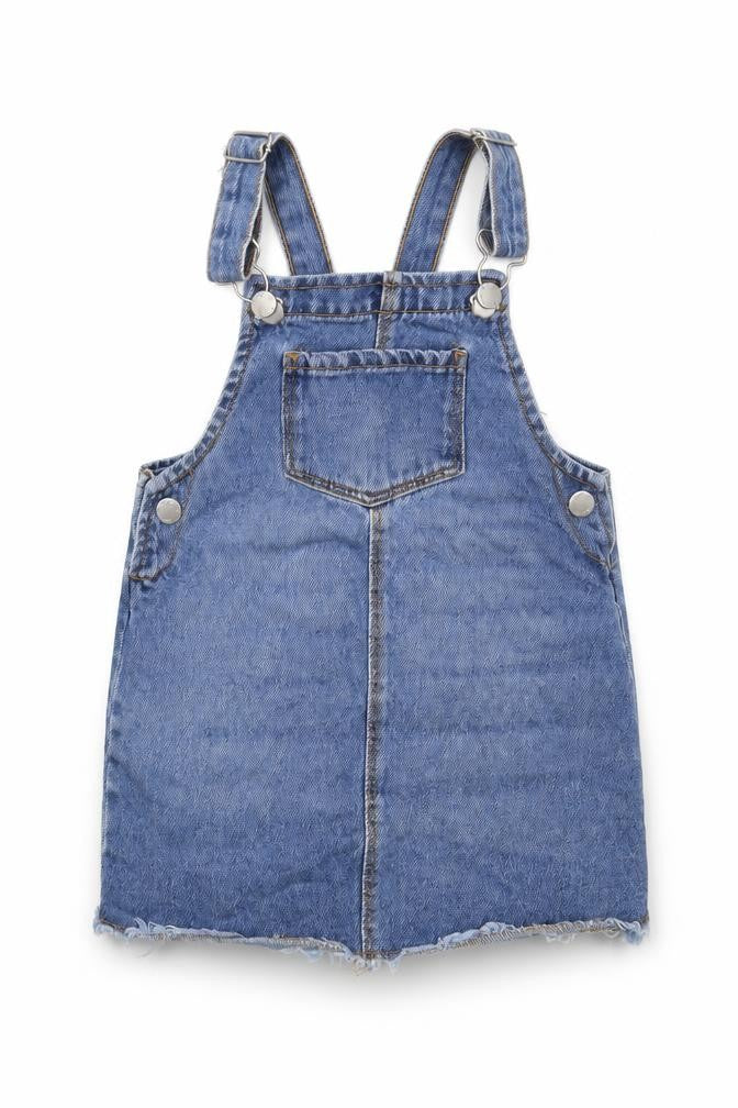 Front view of Denim & Co. girls’ blue 100% cotton pinafore/dungaree dress, size 18-24, months square neck