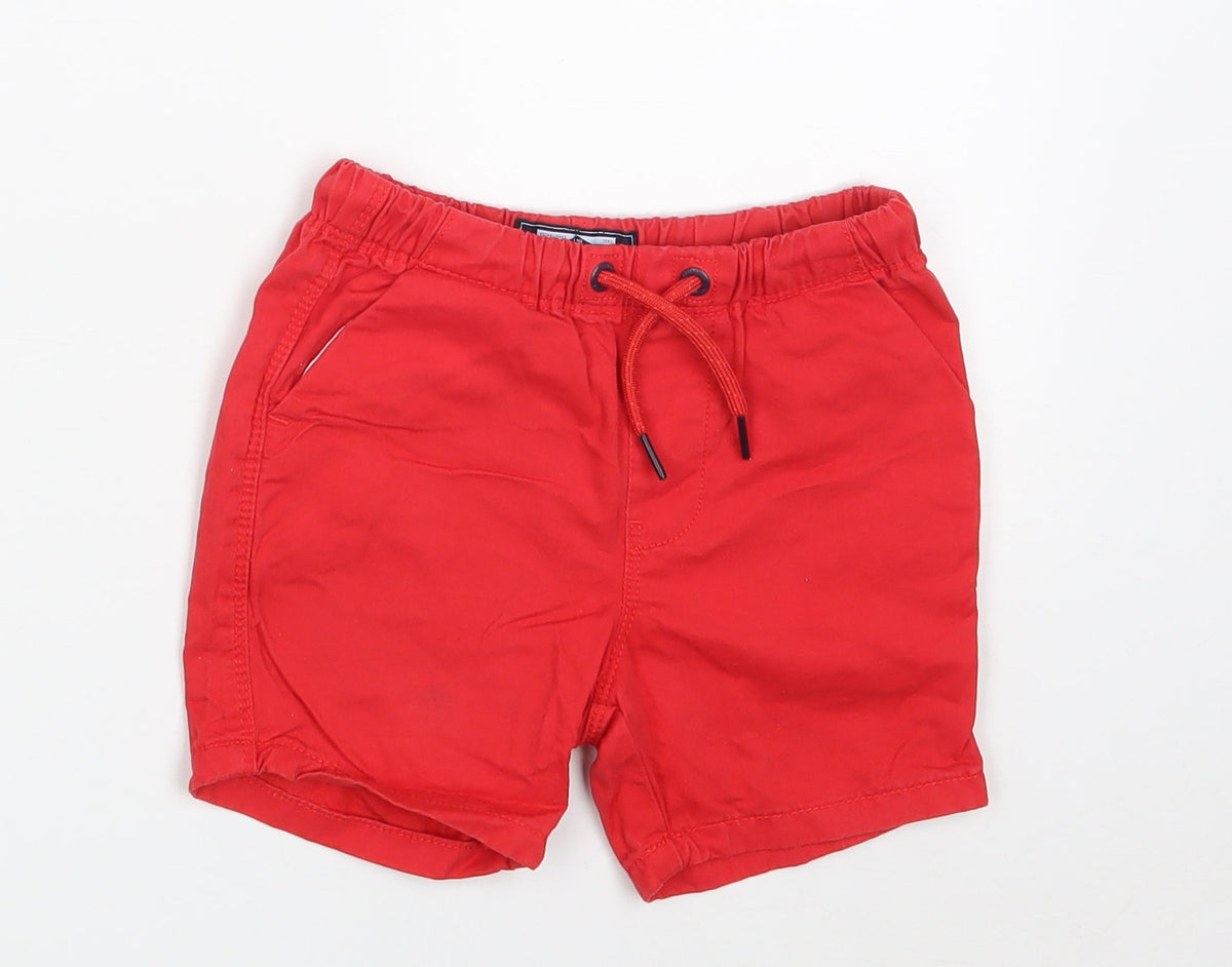 Front view of Next boys’ red 100% cotton chino shorts, size 2, years regular drawstring