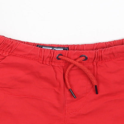 Close-up detail of Next boys’ red 100% cotton chino shorts, size 2, years regular drawstring